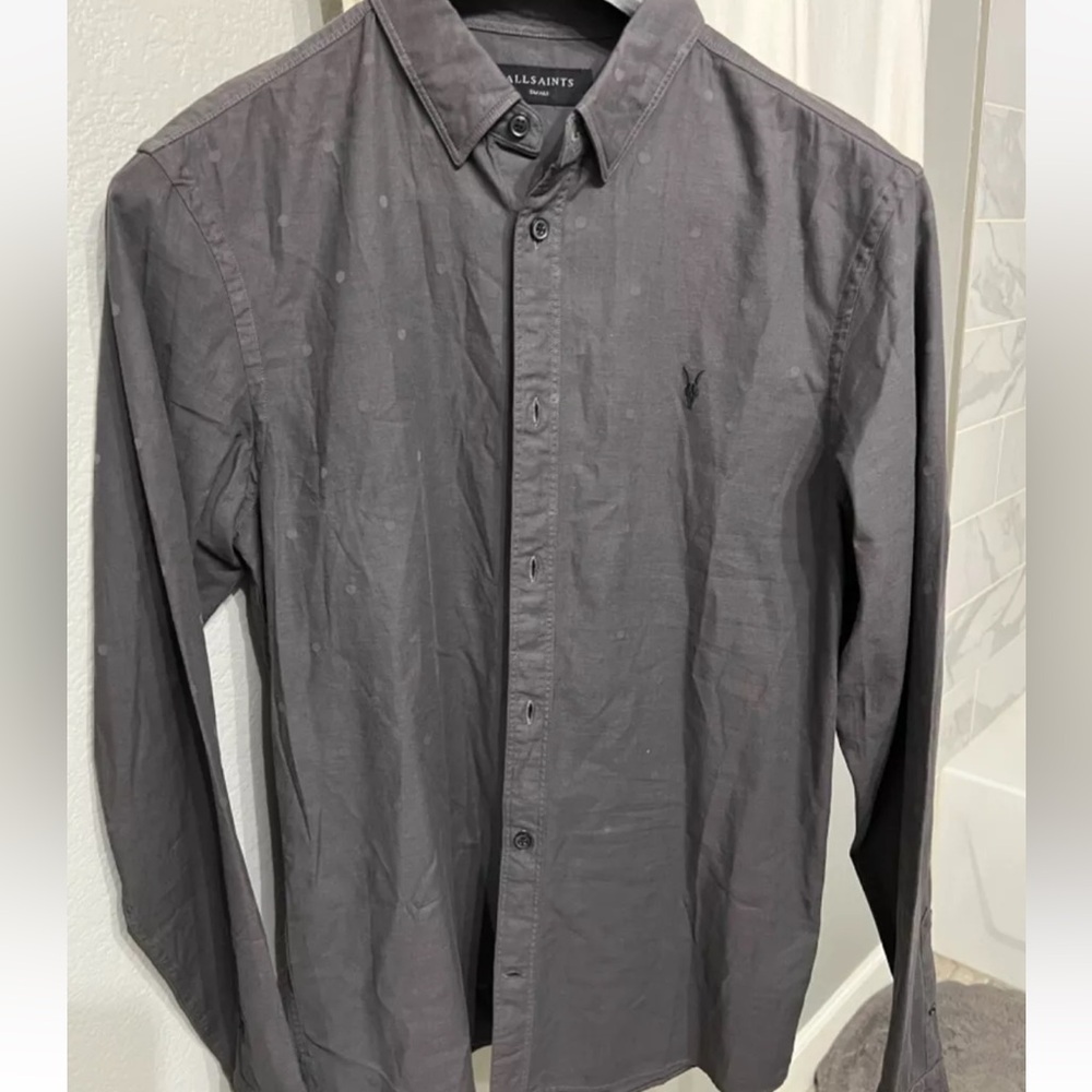 Allsaints Men’s Long Sleeve Grey Button Down Ramskull Shirt Small New